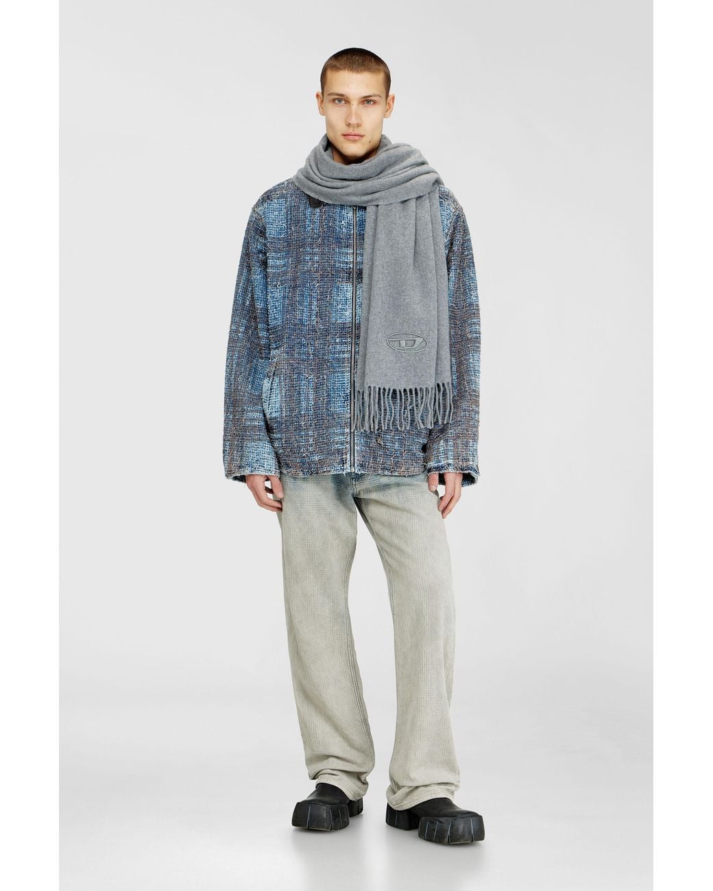 DIESEL Gray Wool-Blend Scarf With Fringed Edges