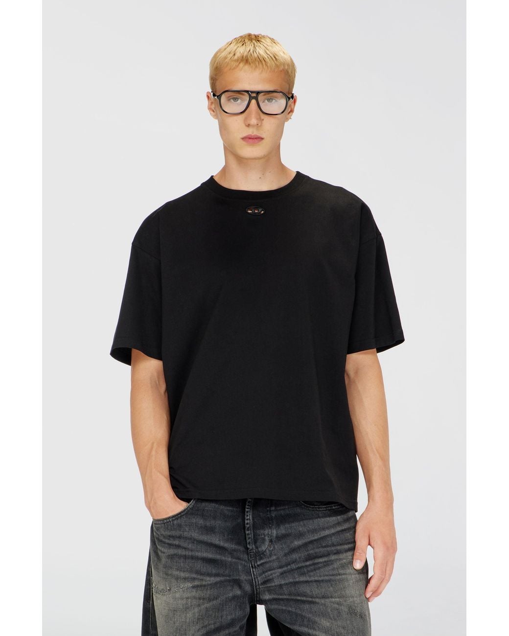 DIESEL Black Relaxed Cotton T-Shirt With Oval D Embroidery for men