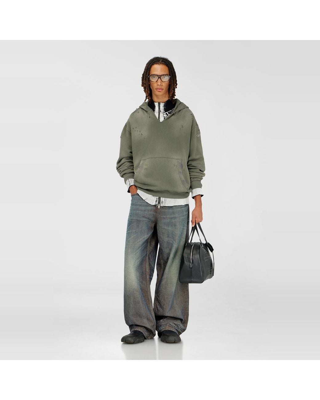 DIESEL Green Distressed Hoodie With V-Neck for men
