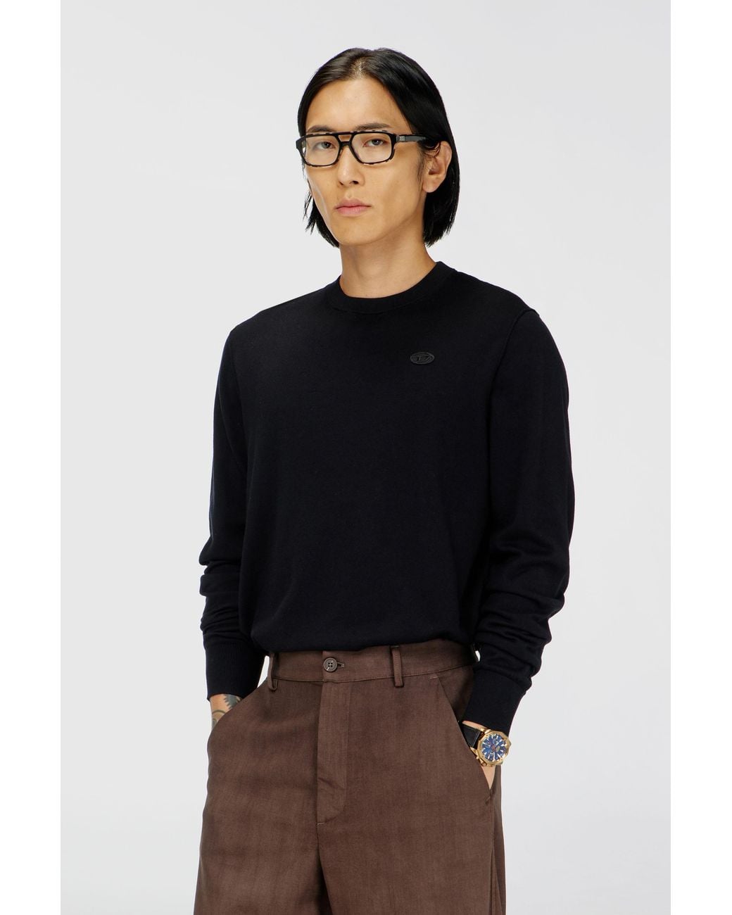 DIESEL Black Cotton Knitwear With Tonal Logo for men