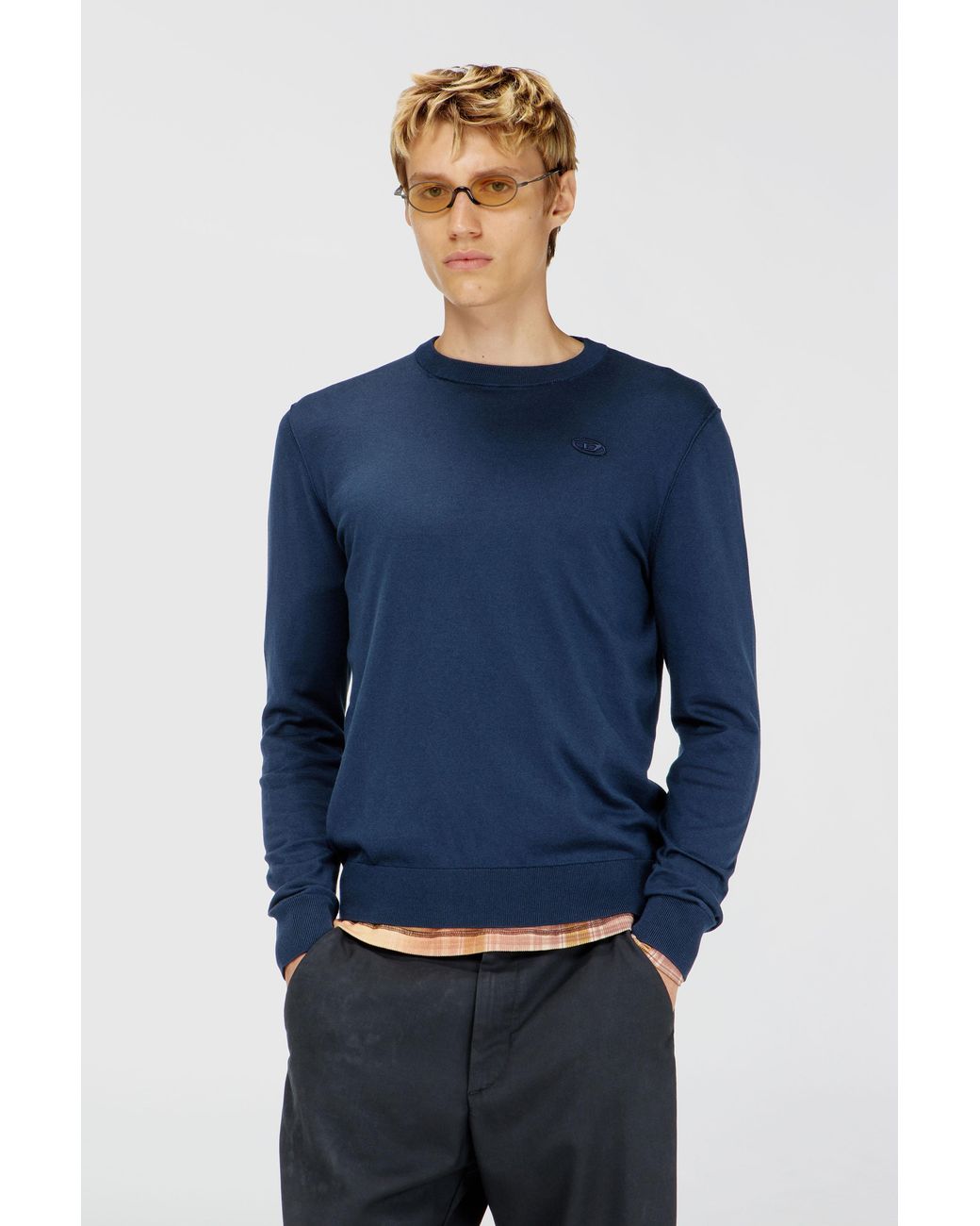 DIESEL Blue Cotton Knitwear With Tonal Logo for men