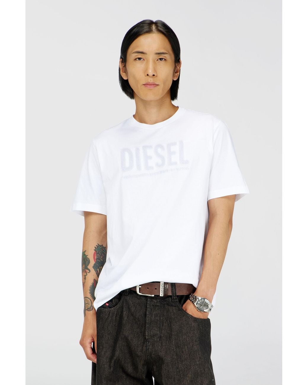 DIESEL White Cotton T-Shirt With Tonal Logo Print for men