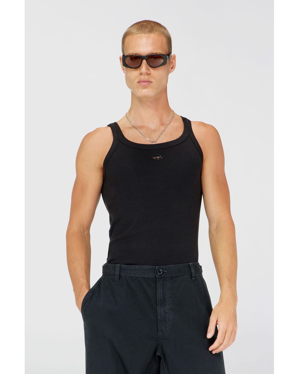 DIESEL Black Slim Cotton Tank With Oval D Logo for men