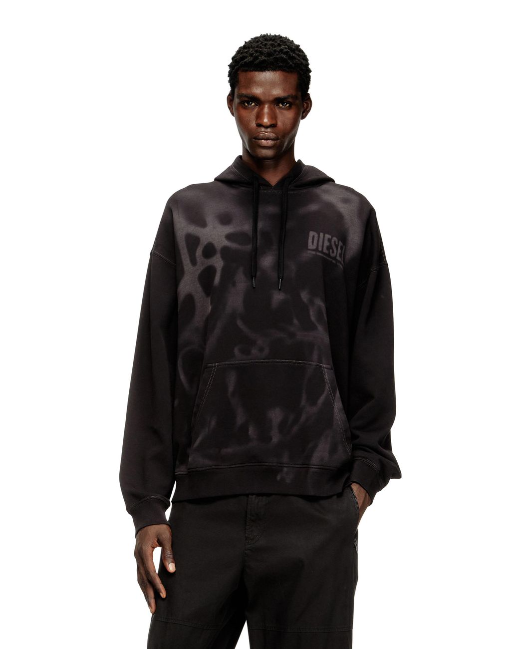 DIESEL Black Cotton Hoodie With Lasered Prints for men