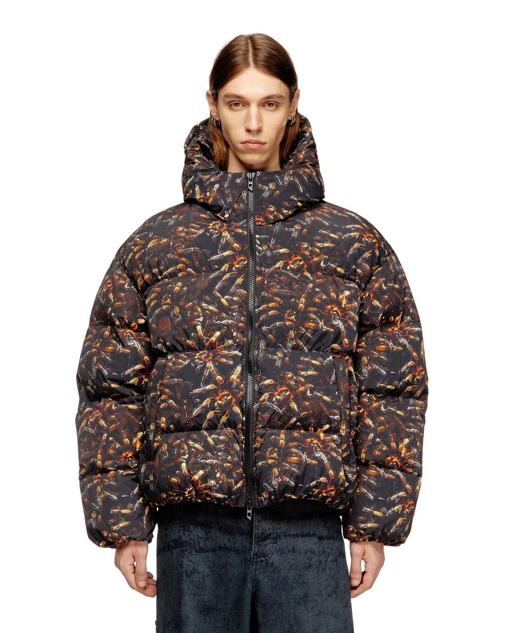 DIESEL Brown Hooded Puffer Jacket With Spider Print for men