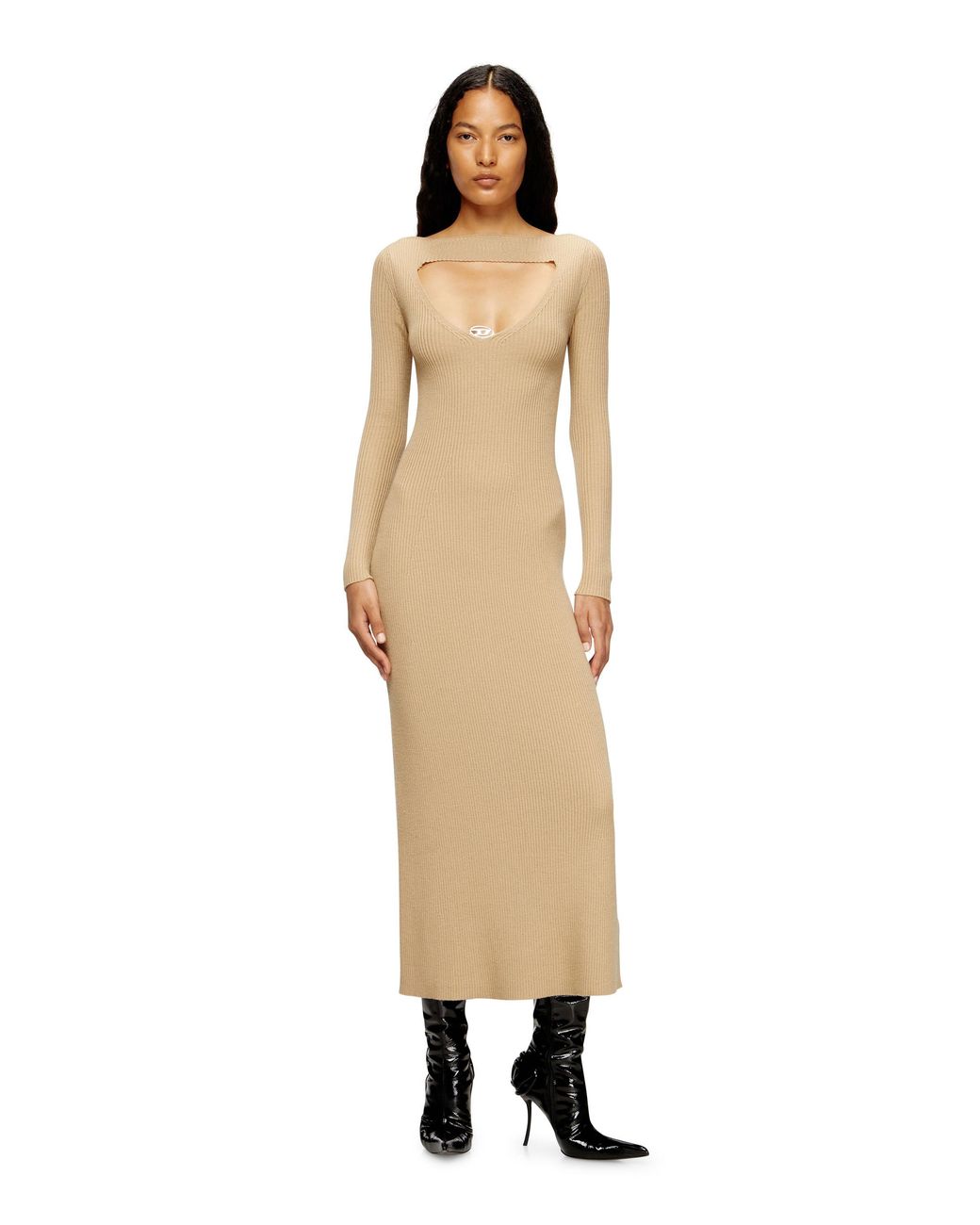 DIESEL Natural Midi Wool Dress With Inlay