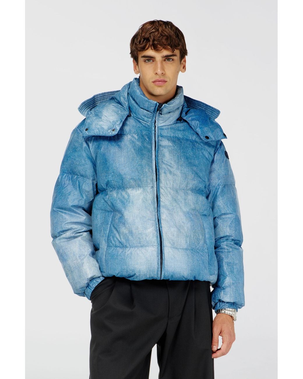 DIESEL Blue Hooded Down Jacket With Denim-Effect Print for men