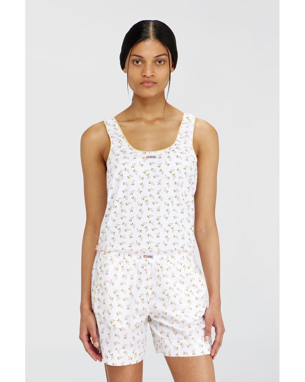 DIESEL White Stretch Cotton Top With Floral Print