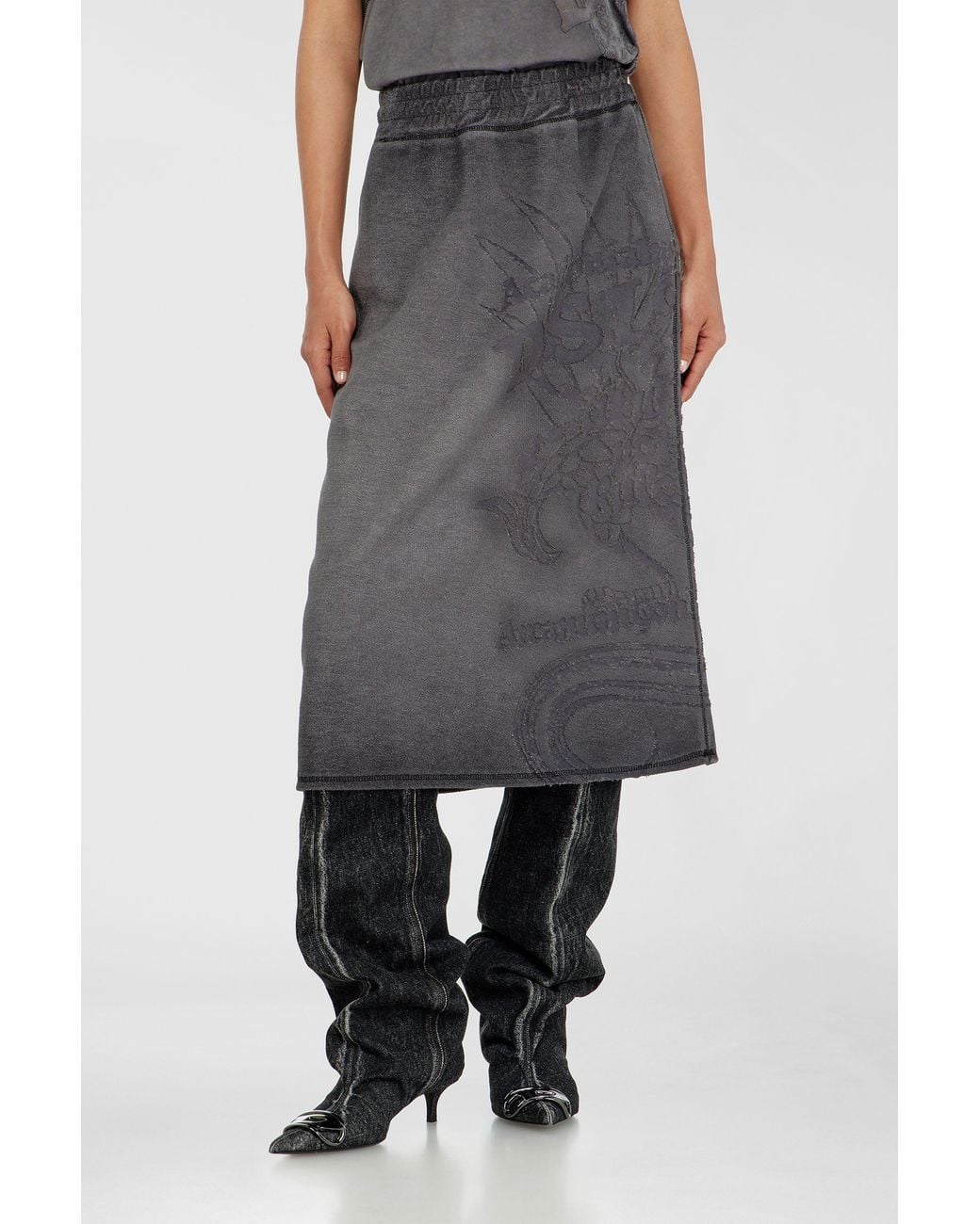 DIESEL Gray Fleece Midi Skirt With Dévoré Print