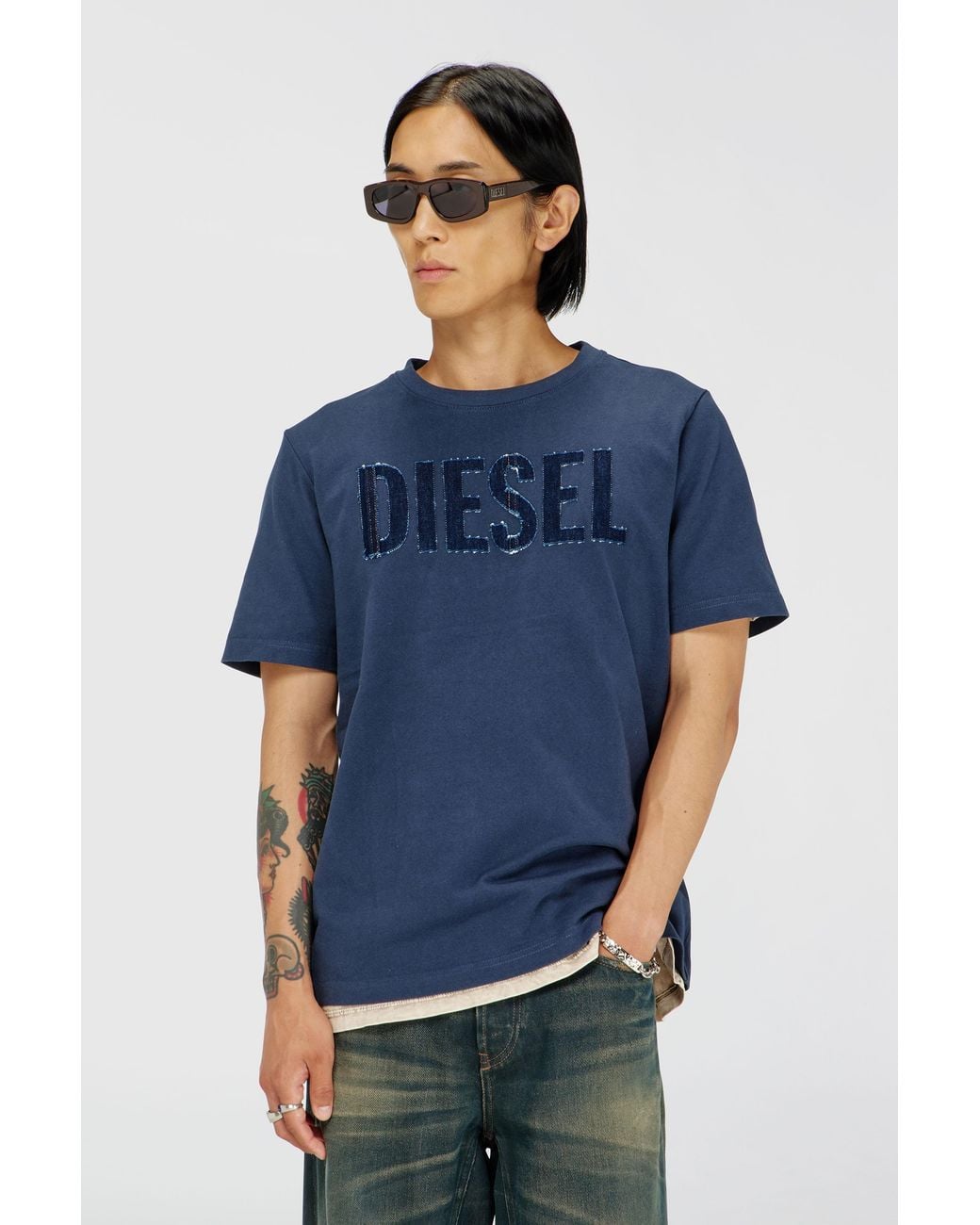 DIESEL Blue Cotton T-Shirt With Tonal Logo Print for men