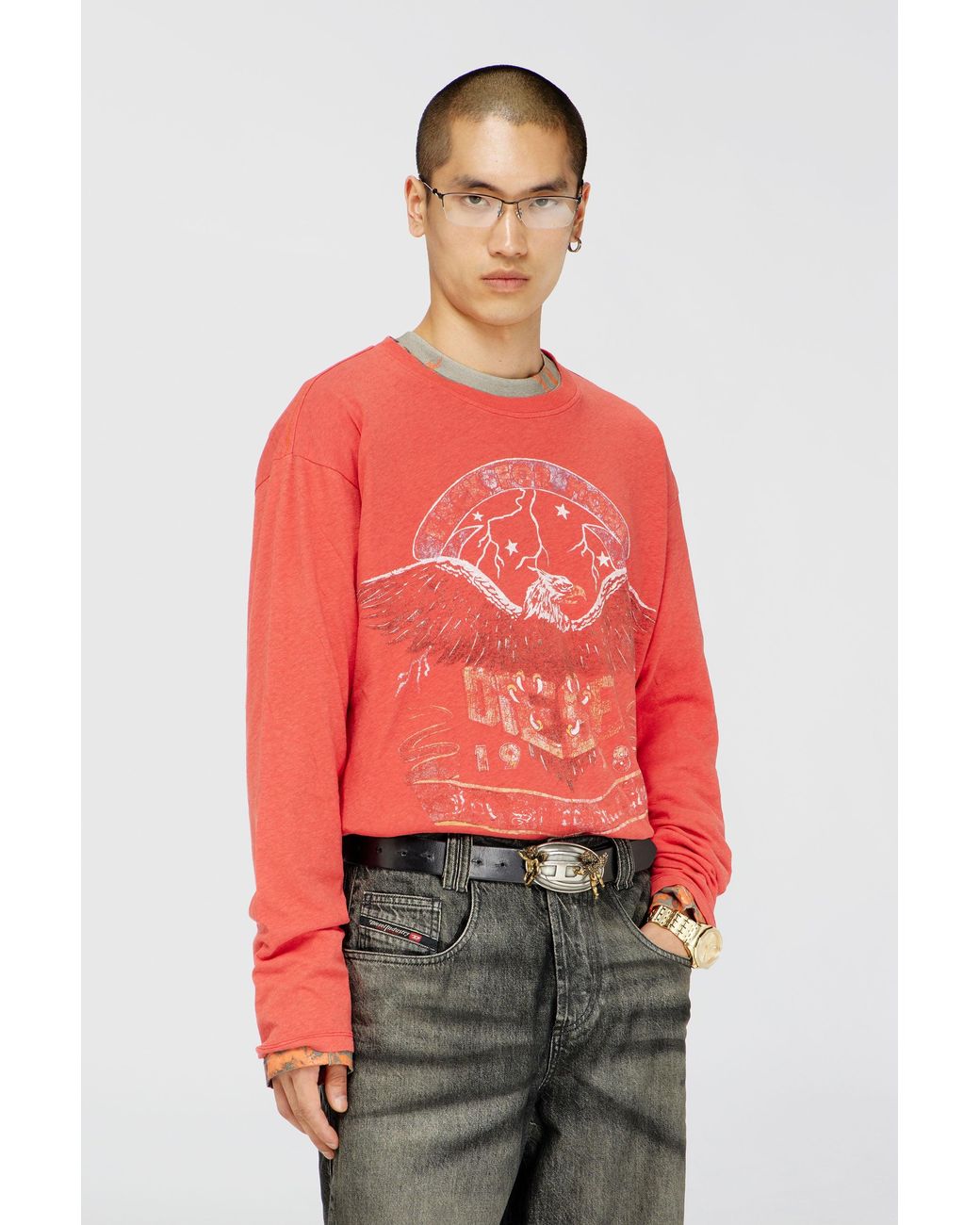 DIESEL Red Long-Sleeve T-Shirt With Concert Graphics for men