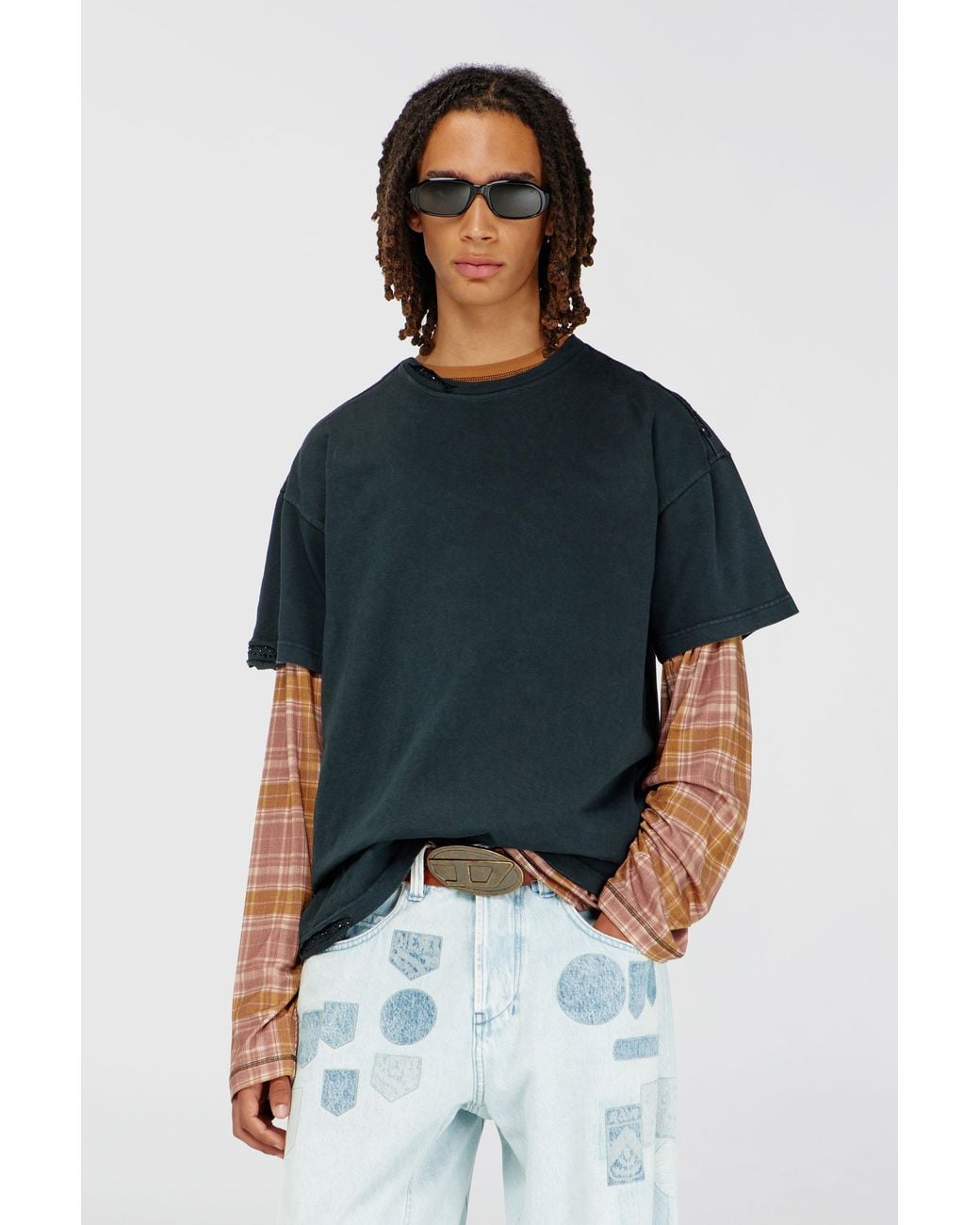 DIESEL Blue T-Shirt With Frayed Edges And Crystal Details for men