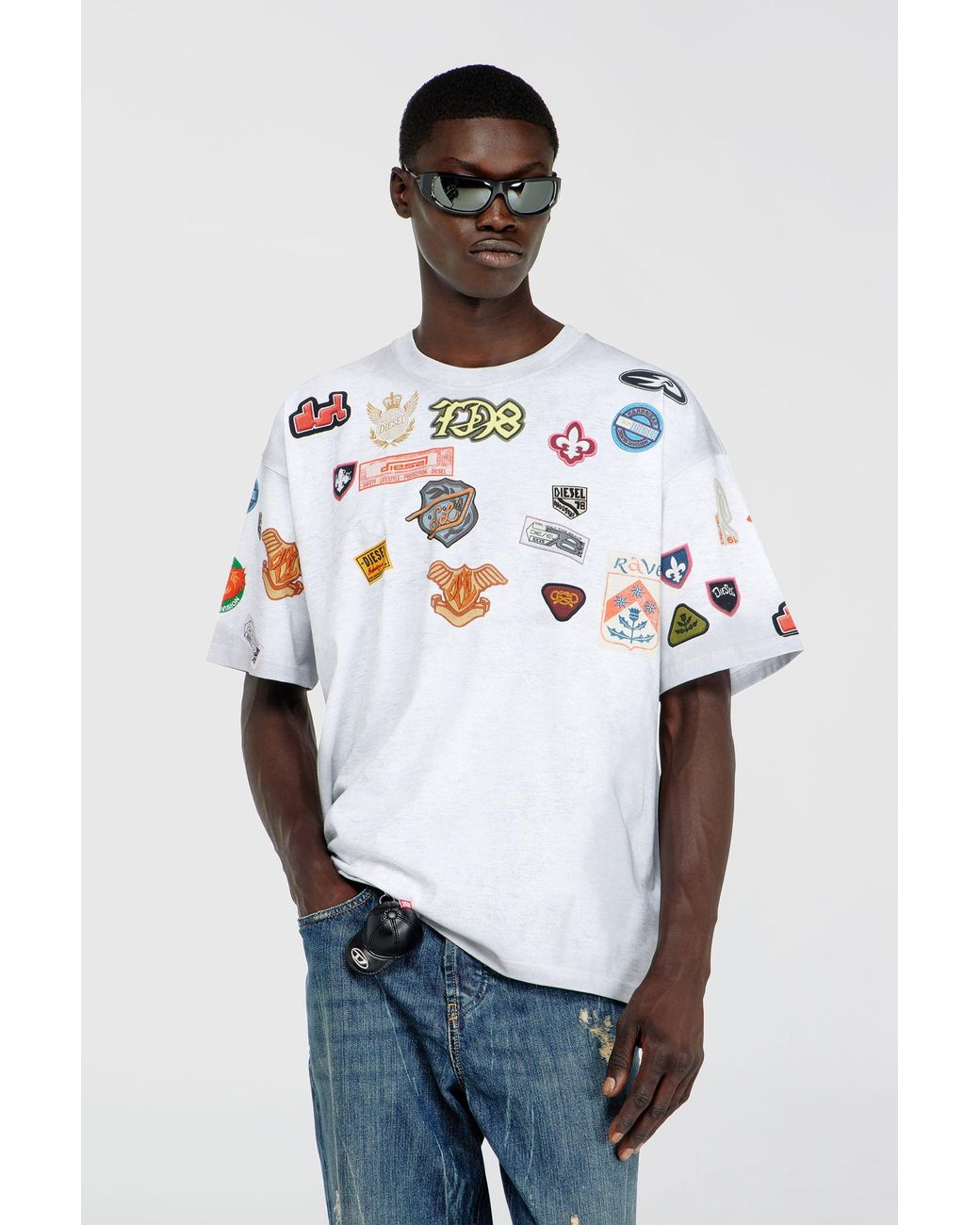 DIESEL Gray Cotton T-Shirt With All-Over Patches Print for men