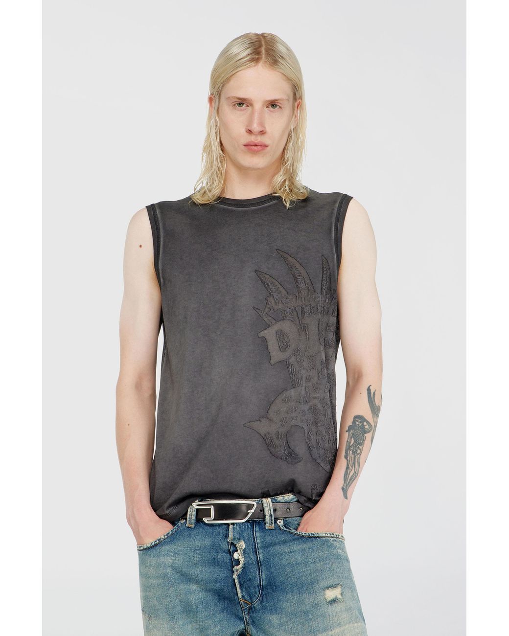 DIESEL Gray Sleeveless Jersey Top With Embossed Graphics for men