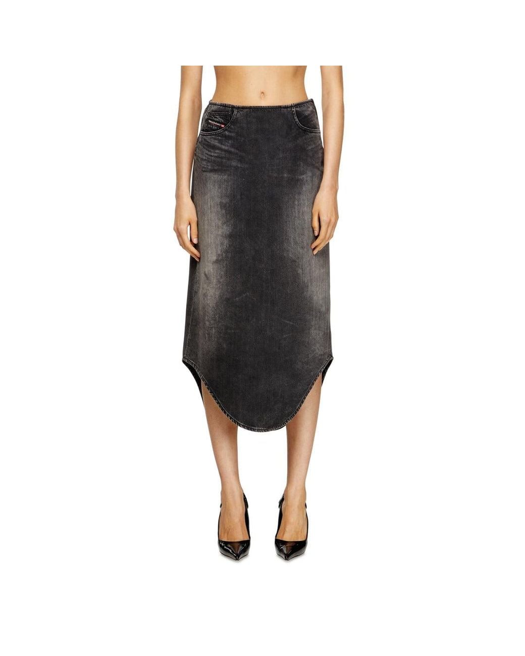 DIESEL Black Denim Midi Skirt With Shadow Effect