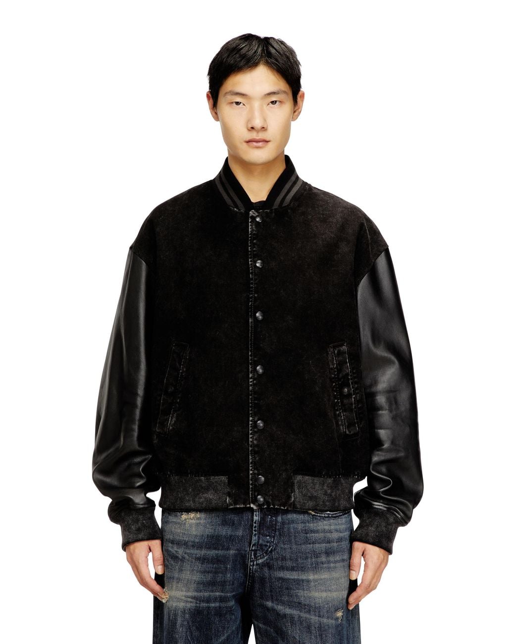 DIESEL Black Denim And Leather Bomber Jacket for men