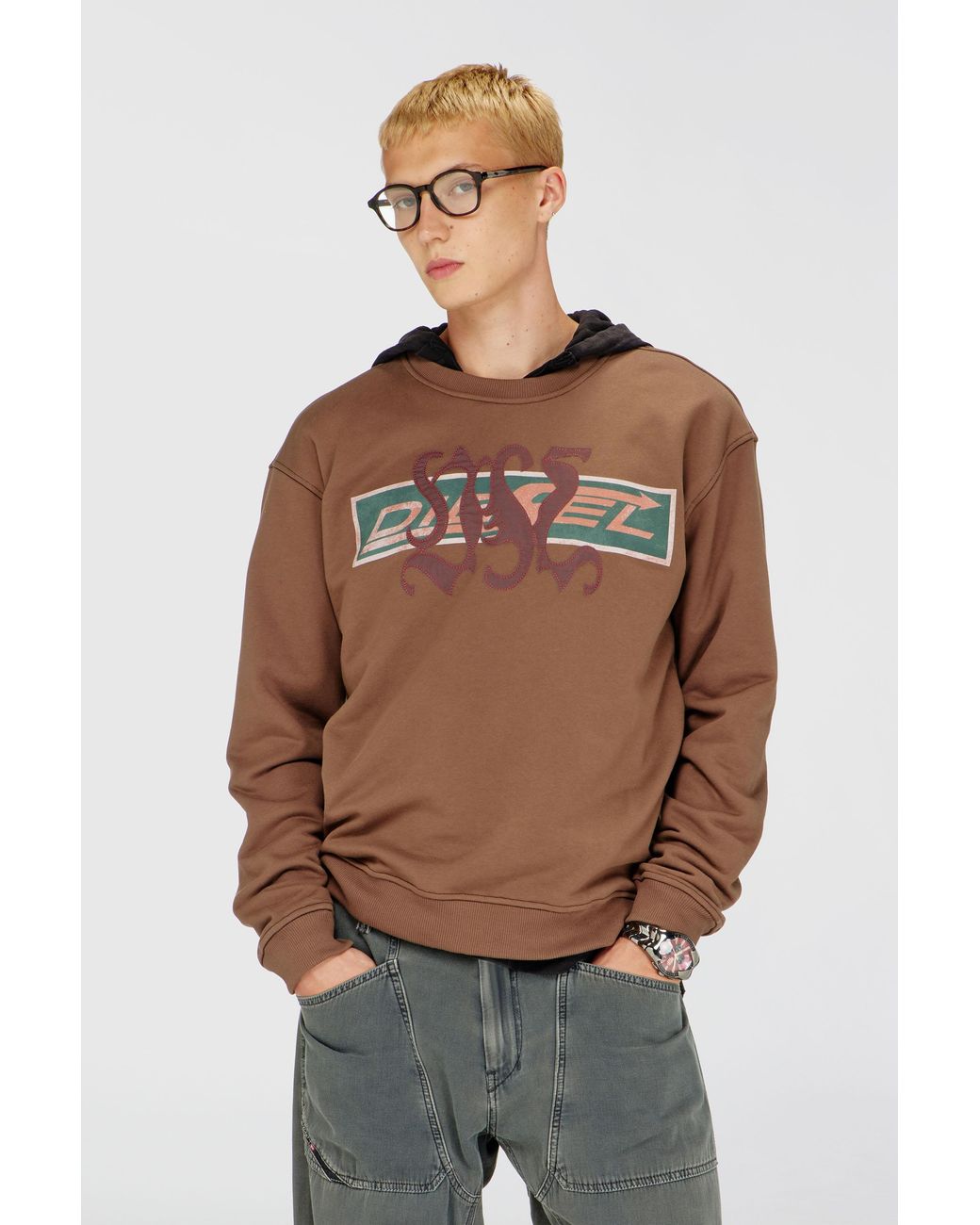 DIESEL Brown Sweatshirt With Graphic Prints And Patches for men