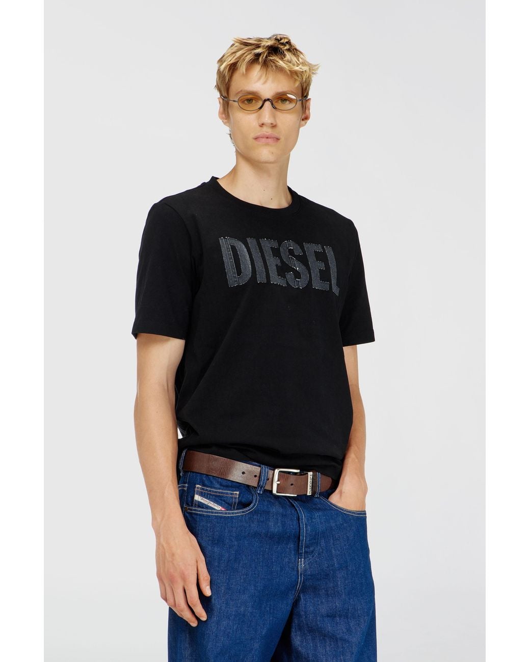 DIESEL Black Cotton T-Shirt With Tonal Logo Print for men