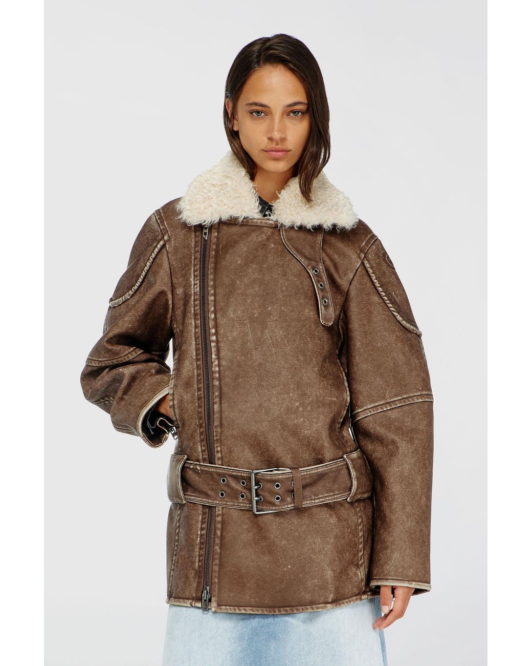 DIESEL Brown Double-Breasted Aviator-Biker Coat