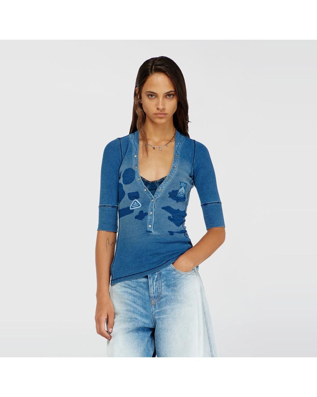 DIESEL Blue Henley Top With Shadow-Patch Effects