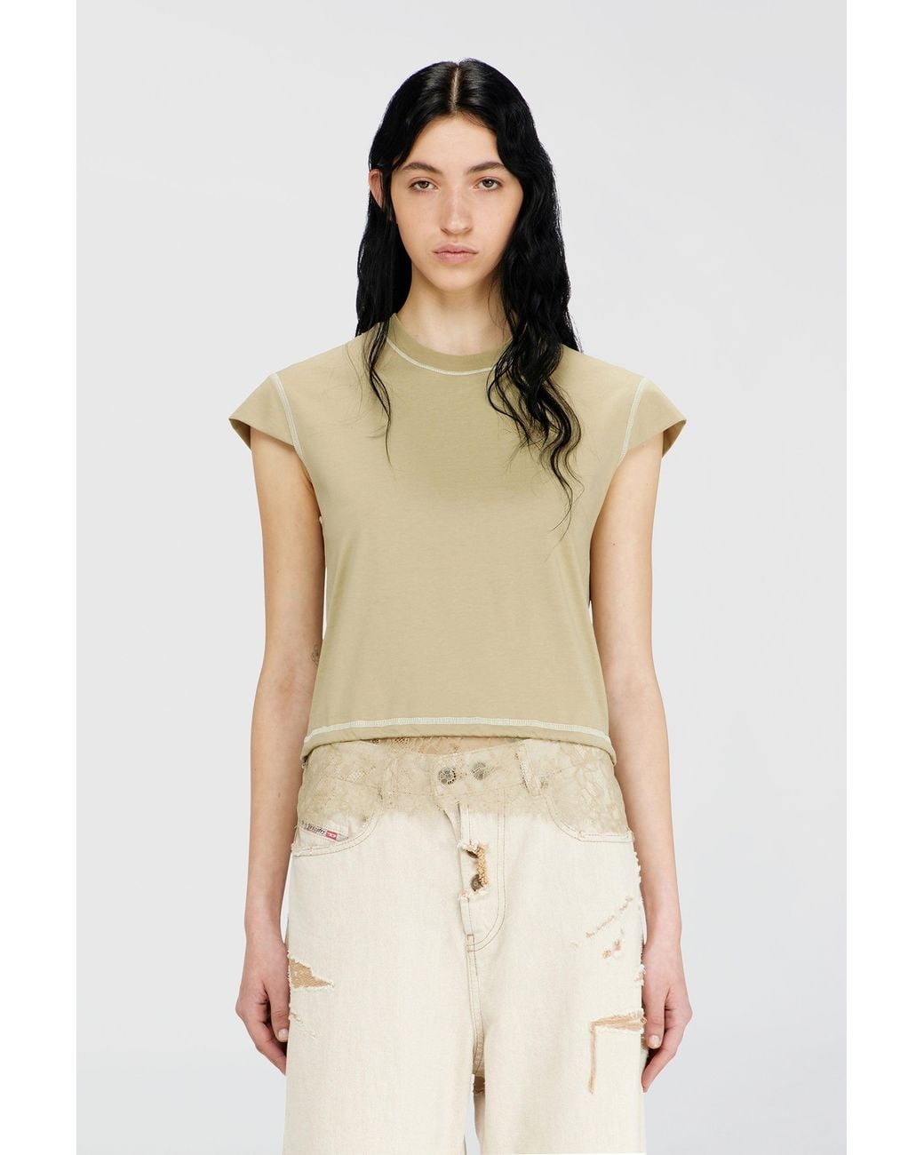 DIESEL Natural Jersey T-Shirt With Lace Hem