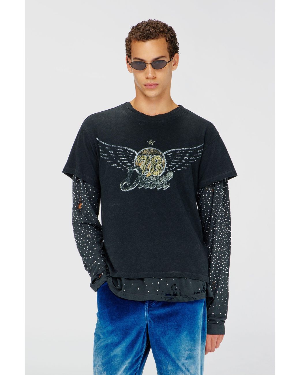 DIESEL Blue Cotton-Hemp T-Shirt With Concert Graphics for men