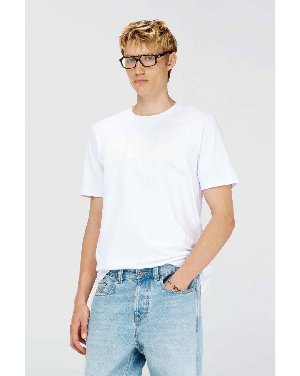 DIESEL White Cotton T-Shirt With Tonal Logo Print for men