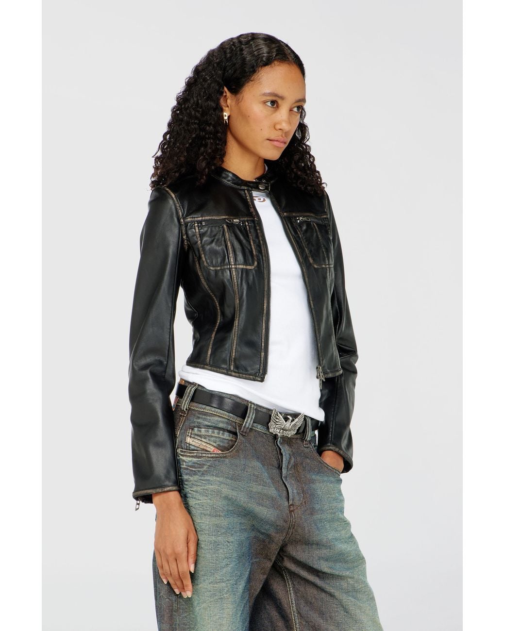 DIESEL Black Cropped Distressed Biker Jacket