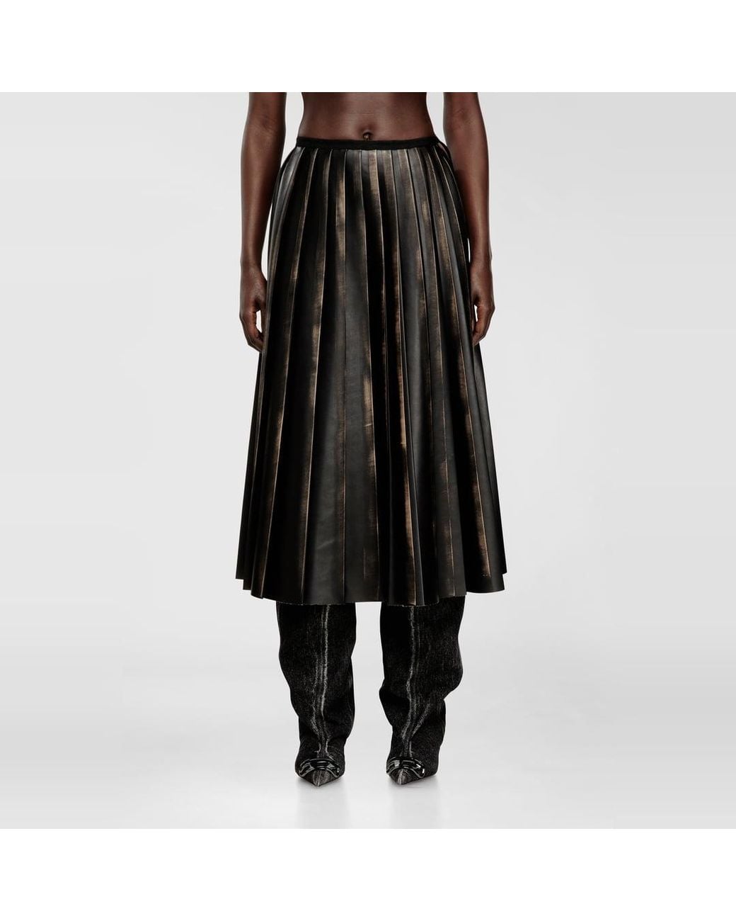 DIESEL Black Distressed Pleated Midi Skirt