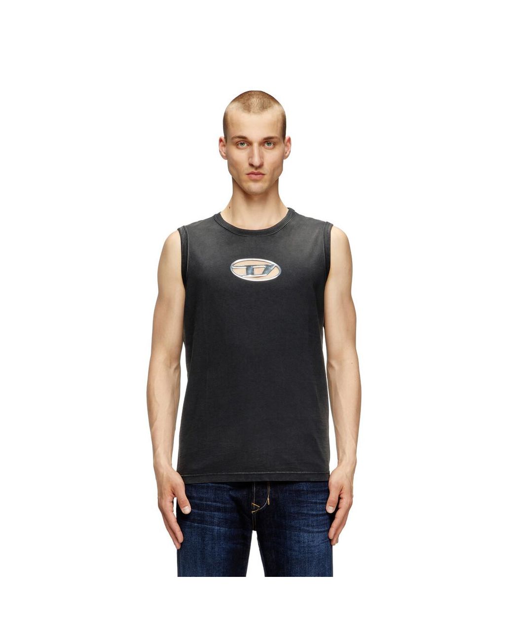 DIESEL T-Brico Faded Tank Top With Puffy Oval D in Black for DIESEL T-Brico Faded Tank Top With Puffy Oval D in Black for