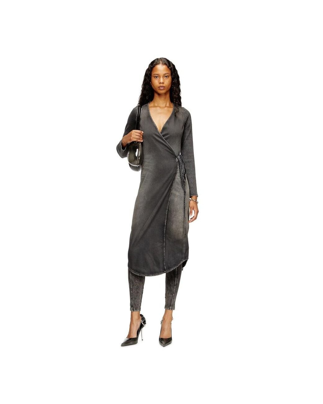 DIESEL Black Mid-Length Denim Dress With A V-Neck