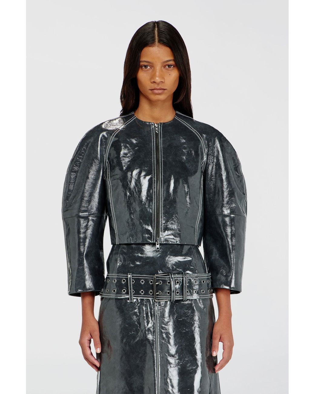 DIESEL Black Patent-Leather Jacket With Cocoon Sleeves
