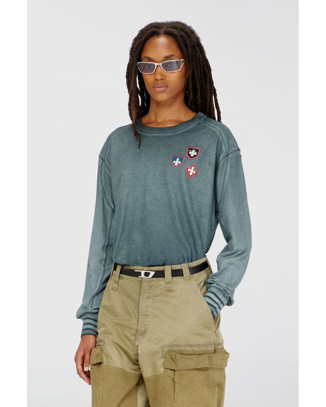 DIESEL Blue T-Shirt With Patches And Microwaffle Inserts