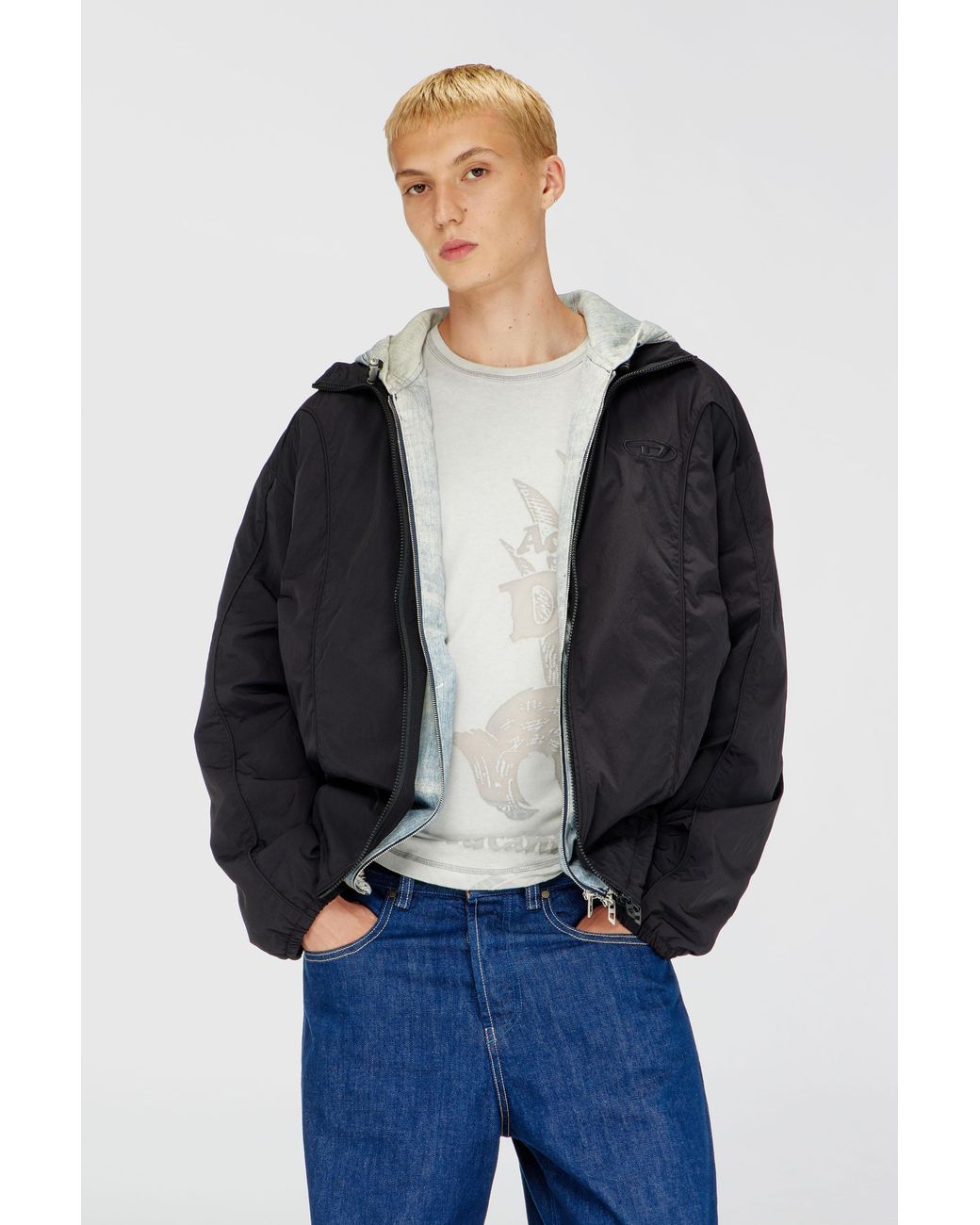 DIESEL Blue Crinkled-Nylon Jacket With Piping for men