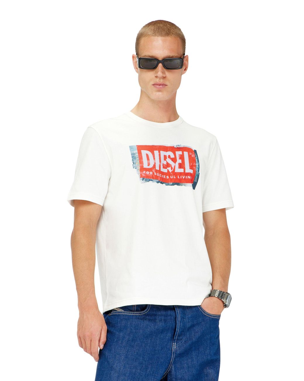 DIESEL White T-Shirt With Crumpled-Effect Logo for men