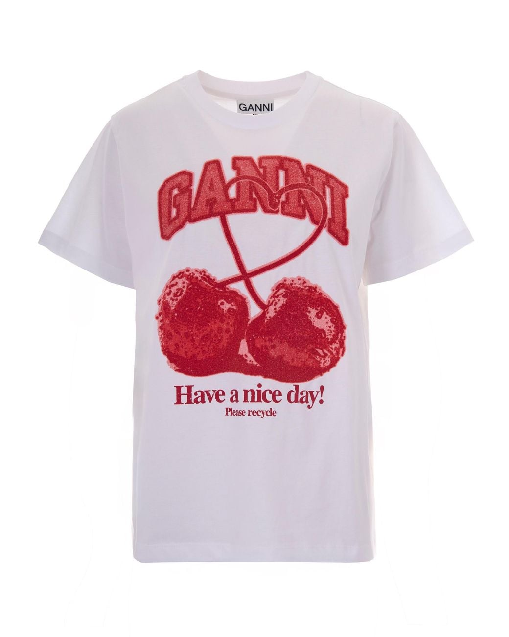 Ganni White Cherries Crethestanesedew-Neck T-Shirt