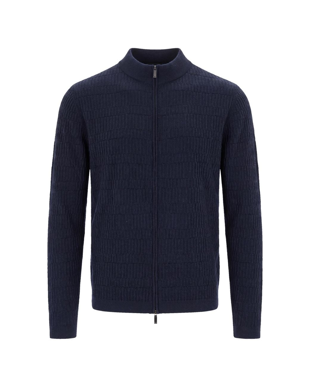 Emporio Armani Blue Zip-Front Mock Neck Knit Sweater for men