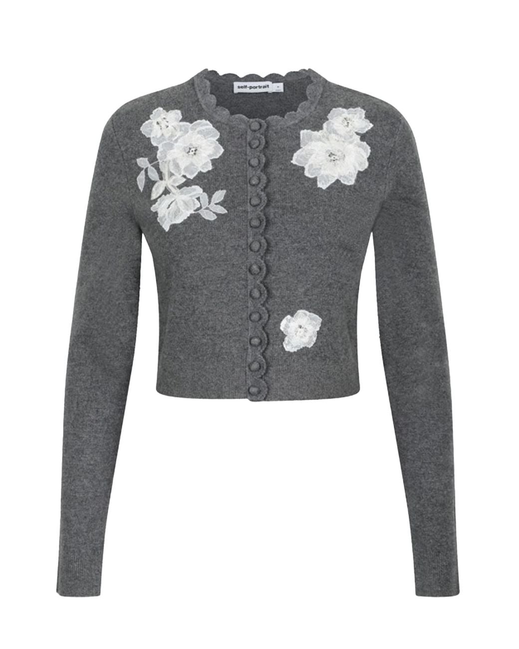 Self-Portrait Gray Floral Appliqué Button-Front Cardigan