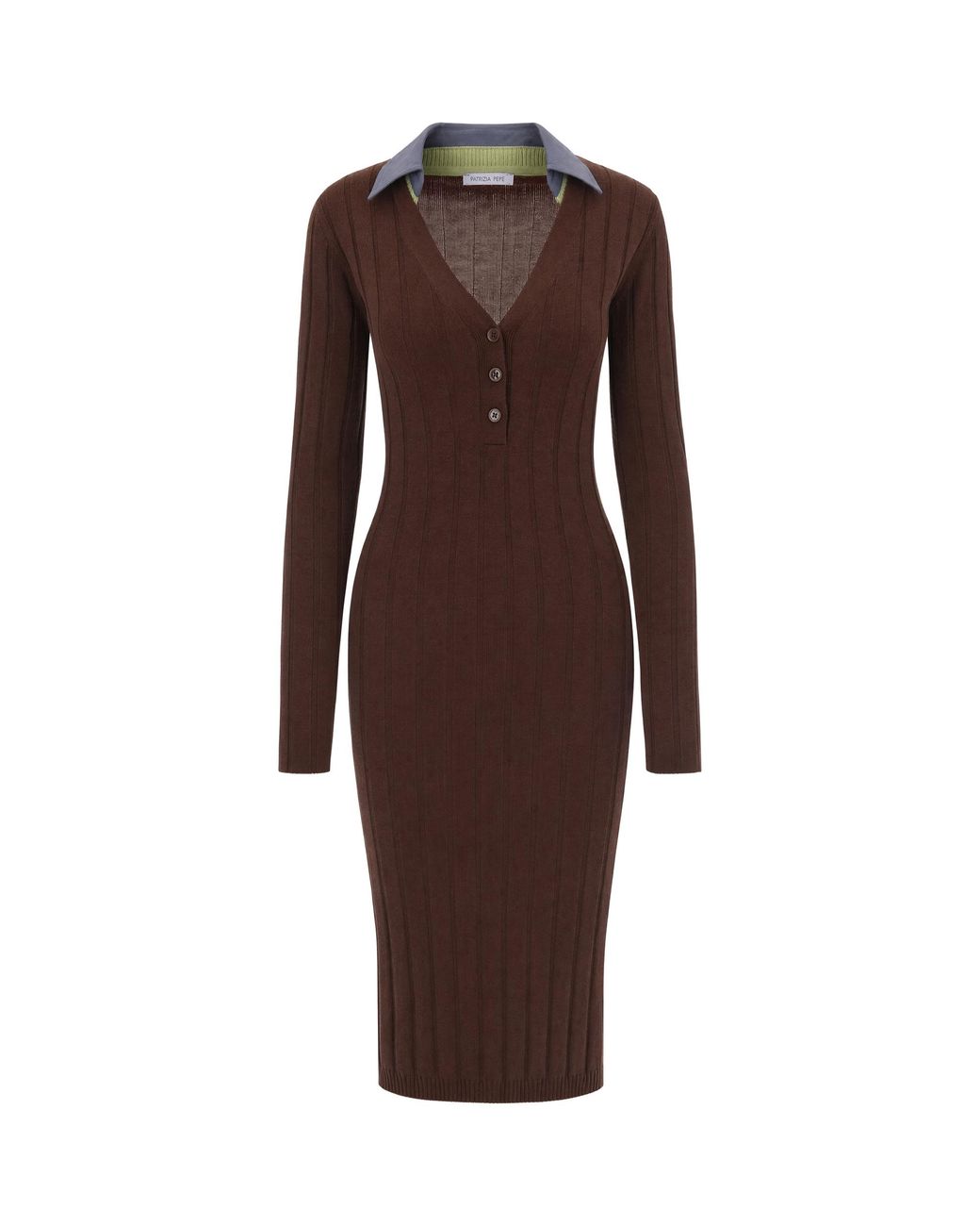 Patrizia Pepe Brown Fitted Midi Dress With Contrasting Ribbed Collar