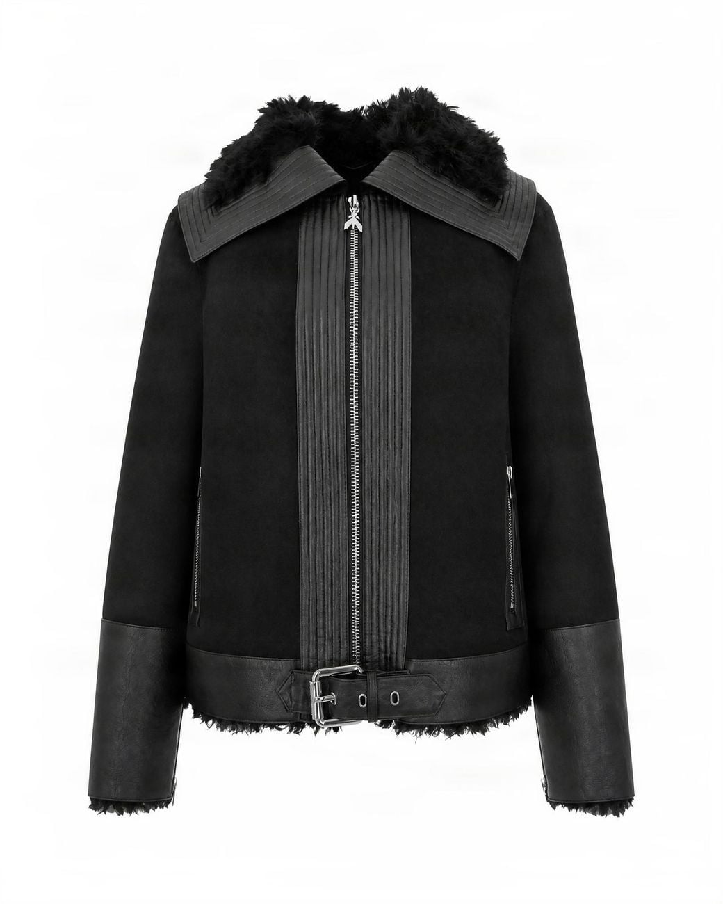 Patrizia Pepe Black Belted Shearling-Trim Zip Jacket