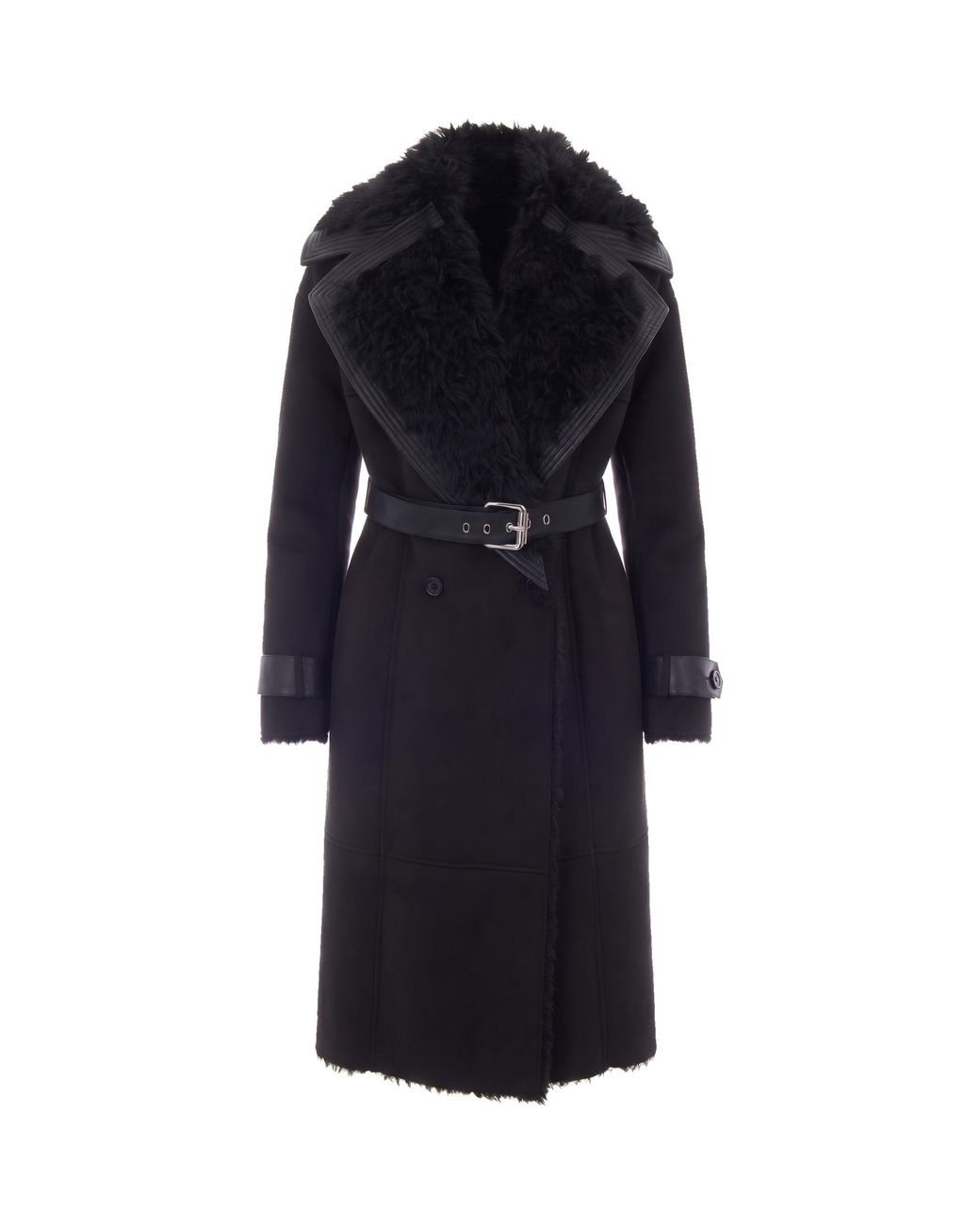 Patrizia Pepe Blue Belted Long Coat With Faux Fur Collar