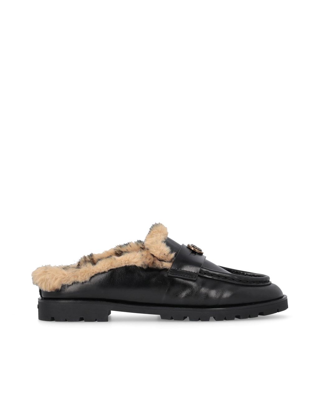 Pinko Black Fur-Lined Leather Loafer Mule