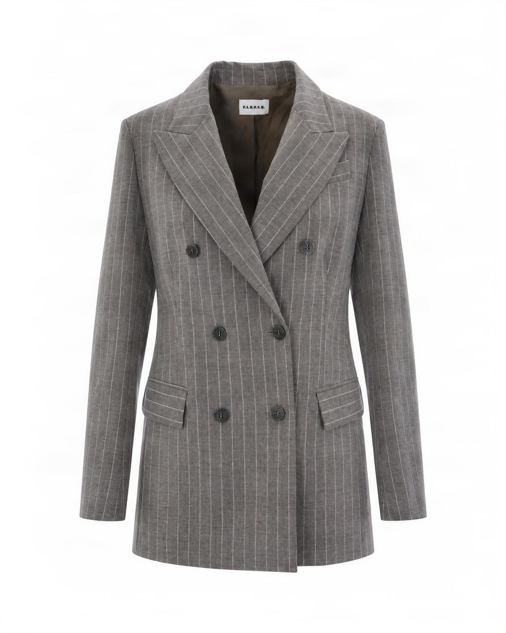 P.A.R.O.S.H. Gray Tailored Double-Breasted Blazer With Classic Pinstripe Pattern
