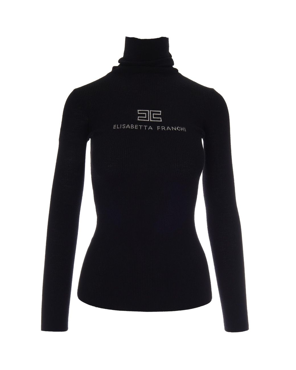 Elisabetta Franchi Black Ribbed Turtleneck Logo Sweater