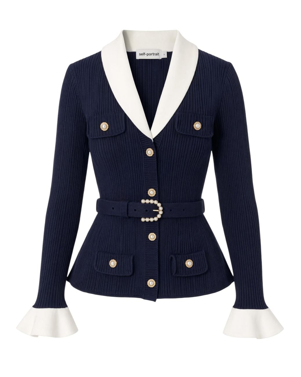 Self-Portrait Blue Ribbed Knit Cardigan With Contrast Collar And Pearl Accents