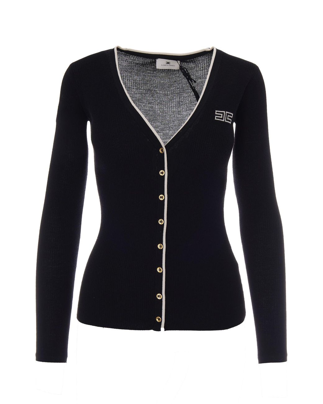 Elisabetta Franchi Black Ribbed Wool V-Neck Cardigan