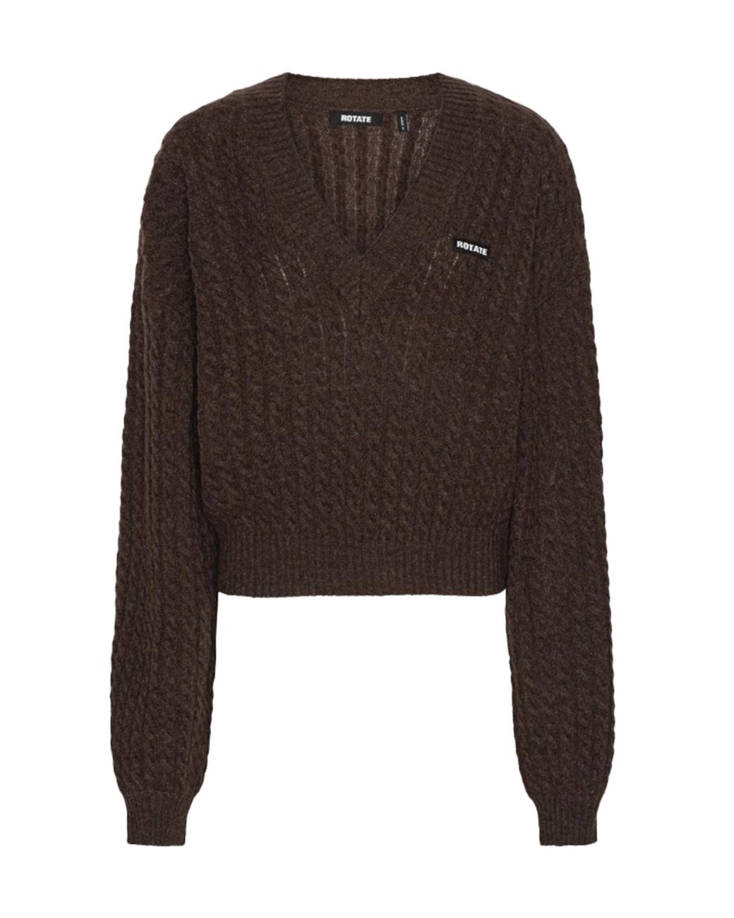 ROTATE BIRGER CHRISTENSEN Brown V-Neck Cable Knit Sweater