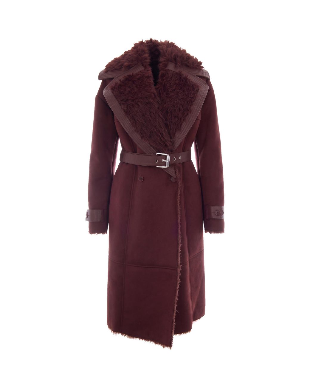 Patrizia Pepe Purple Belted Faux Fur Collar Long Coat
