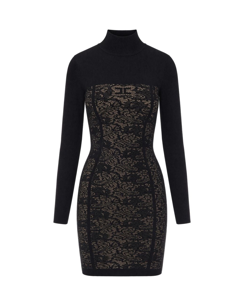 Elisabetta Franchi Black Lace Bodice High-Neck Viscose-Blend Mini Dress