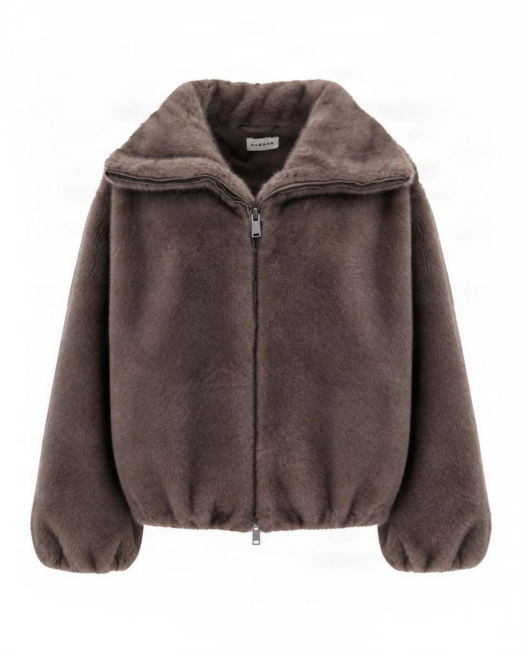 P.A.R.O.S.H. Brown Short Taupe Eco Fur Jacket With Stand-Up Collar